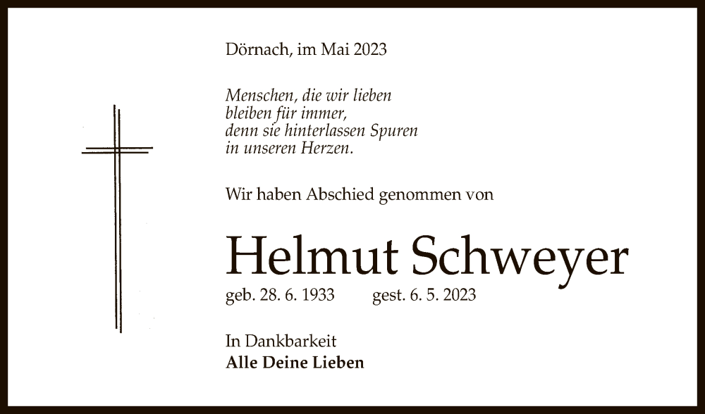  Traueranzeige für Helmut Schweyer vom 20.05.2023 aus Reutlinger General-Anzeiger