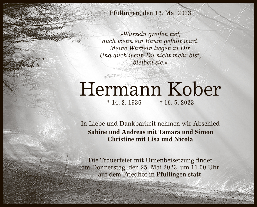 Traueranzeige für Hermann Kober vom 20.05.2023 aus Reutlinger General-Anzeiger