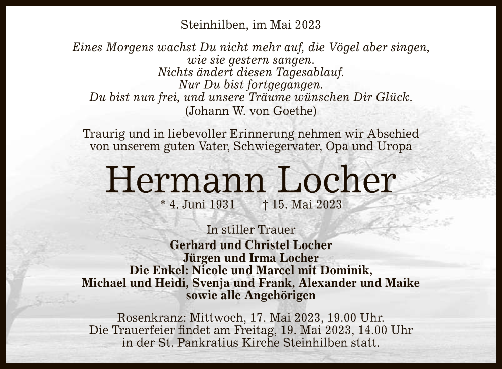  Traueranzeige für Hermann Locher vom 17.05.2023 aus Reutlinger General-Anzeiger