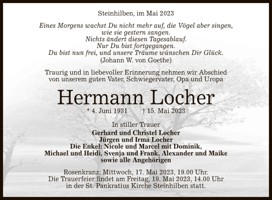 Anzeige von Hermann Locher von Reutlinger General-Anzeiger