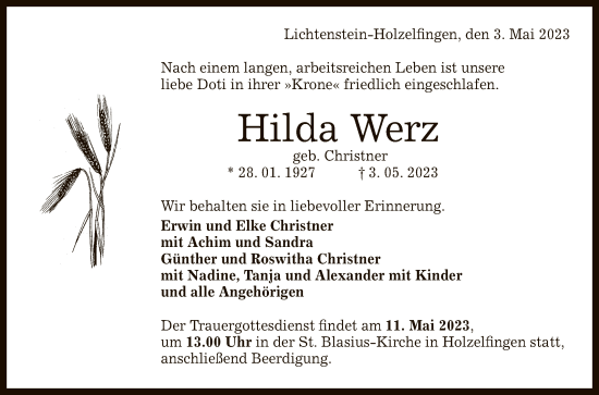 Anzeige von Hilda Werz von Reutlinger General-Anzeiger