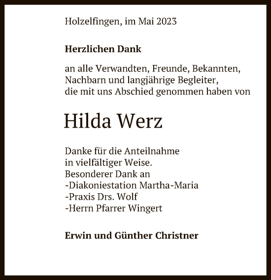 Anzeige von Hilda Werz von Reutlinger General-Anzeiger