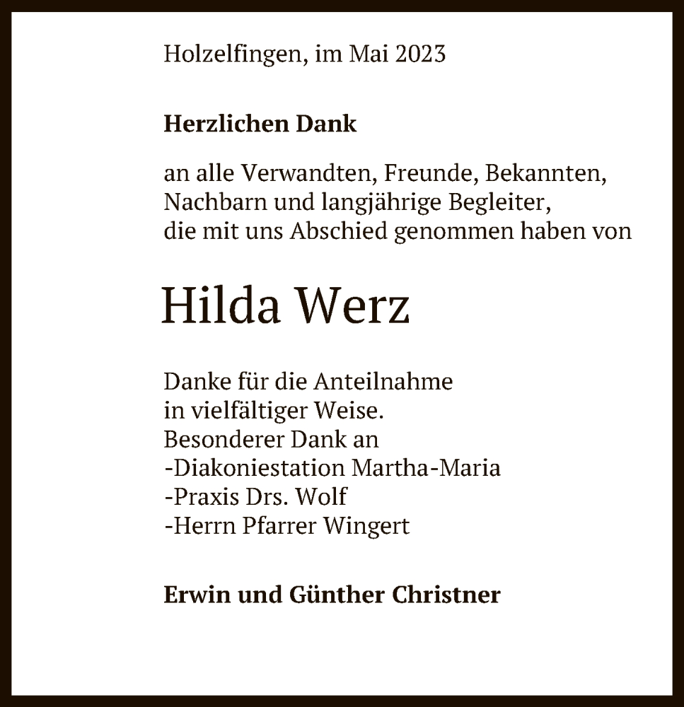  Traueranzeige für Hilda Werz vom 26.05.2023 aus Reutlinger General-Anzeiger