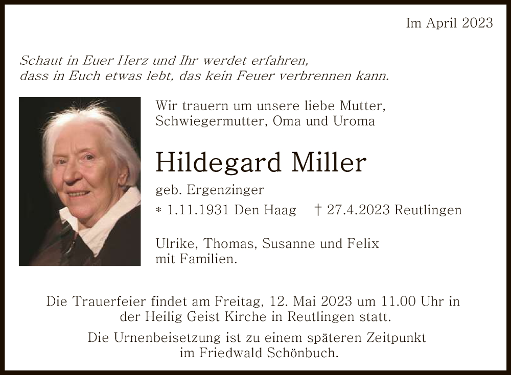  Traueranzeige für Hildegard Miller vom 05.05.2023 aus Reutlinger General-Anzeiger