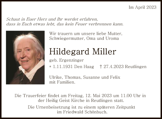 Anzeige von Hildegard Miller von Reutlinger General-Anzeiger
