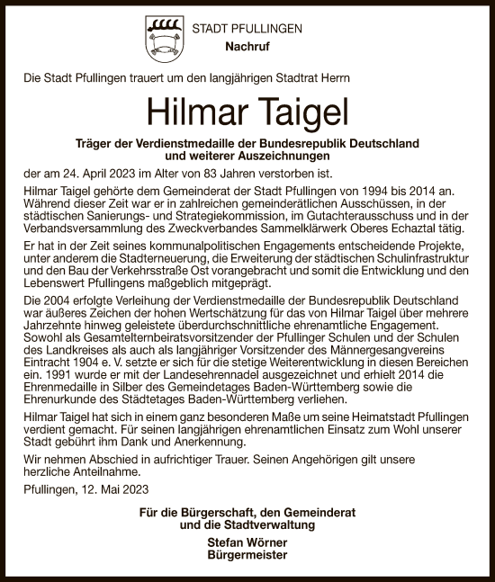 Anzeige von Hilmar Taigel von Reutlinger General-Anzeiger