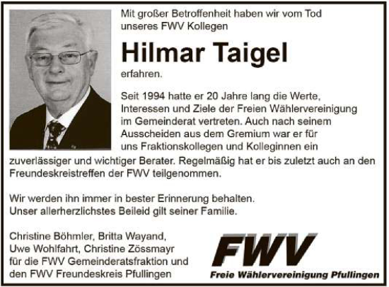 Anzeige von Hilmar Taigel von Reutlinger General-Anzeiger