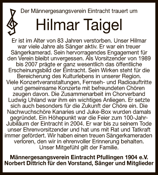 Anzeige von Hilmar Taigel von Reutlinger General-Anzeiger