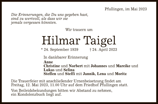 Anzeige von Hilmar Taigel von Reutlinger General-Anzeiger