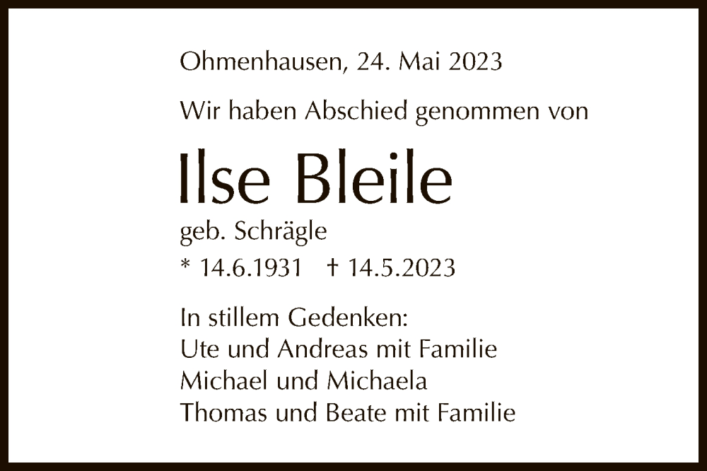  Traueranzeige für Ilse Bleile vom 27.05.2023 aus Reutlinger General-Anzeiger