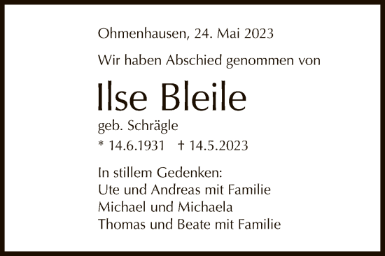 Anzeige von Ilse Bleile von Reutlinger General-Anzeiger