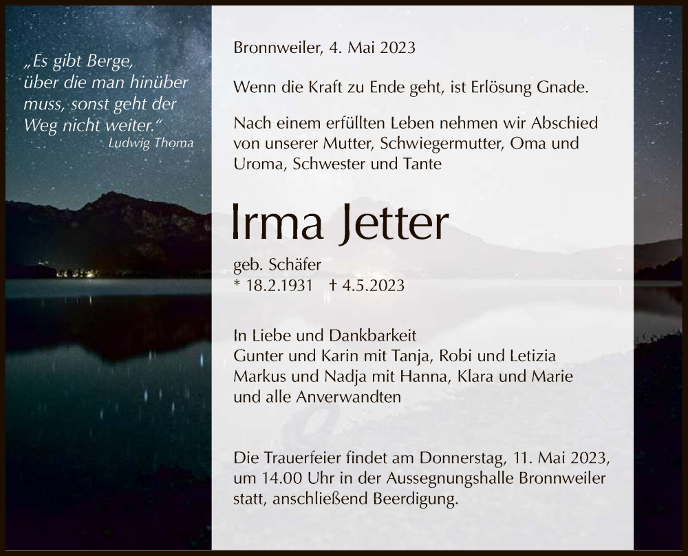  Traueranzeige für Irma Jetter vom 09.05.2023 aus Reutlinger General-Anzeiger