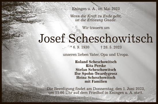 Anzeige von Josef Scheschowitsch von Reutlinger General-Anzeiger
