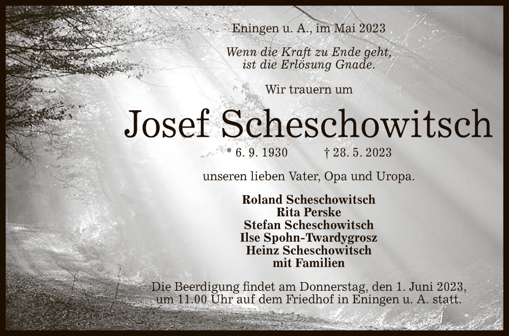  Traueranzeige für Josef Scheschowitsch vom 31.05.2023 aus Reutlinger General-Anzeiger