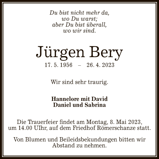 Anzeige von Jürgen Bery von Reutlinger General-Anzeiger