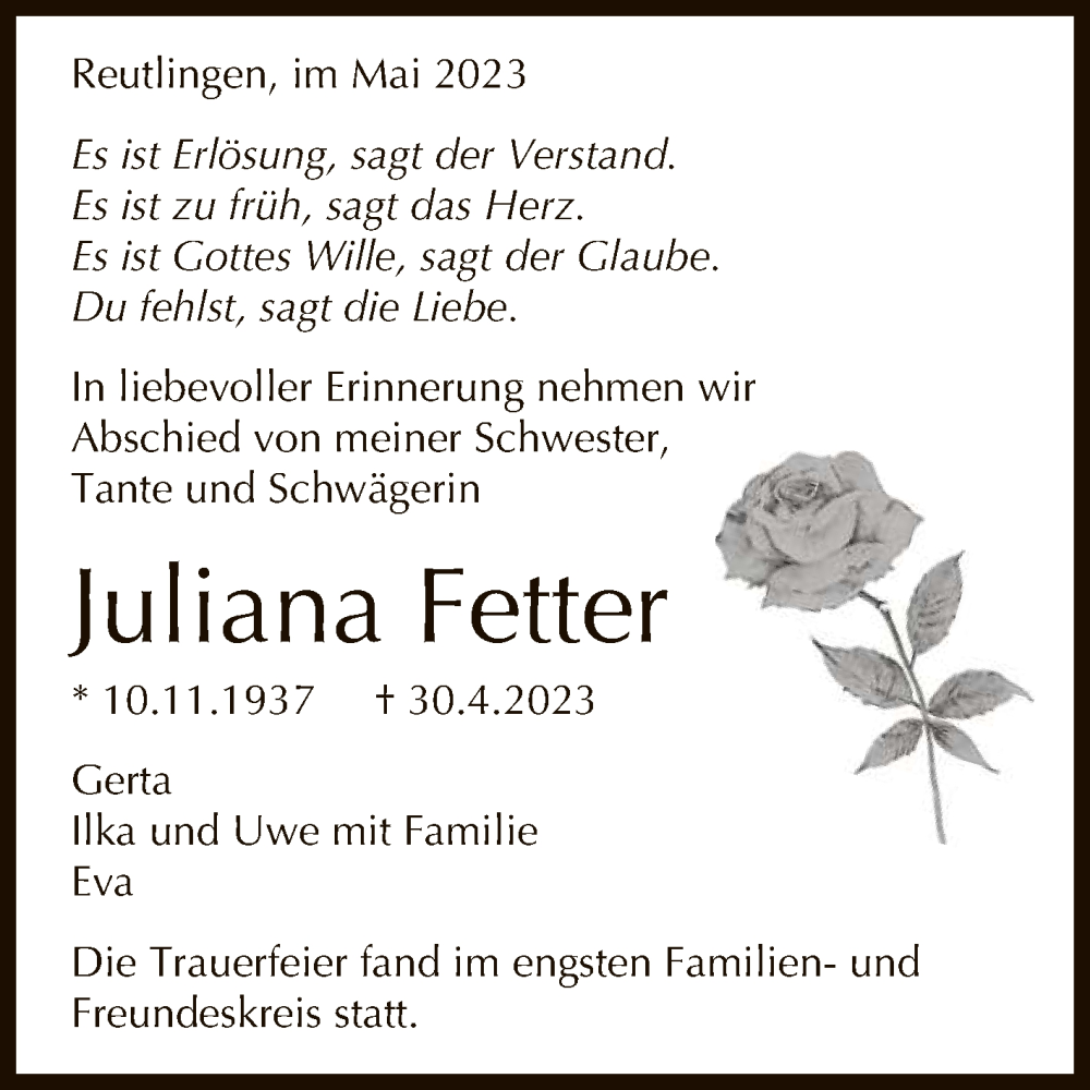  Traueranzeige für Juliana Fetter vom 19.05.2023 aus Reutlinger General-Anzeiger