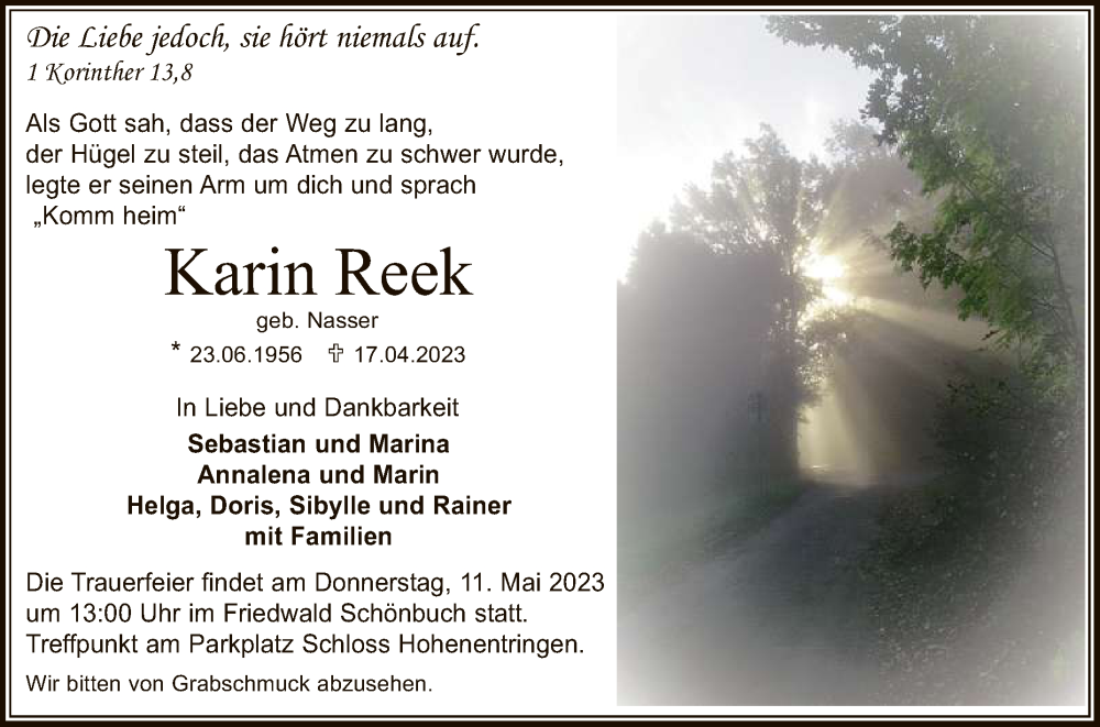  Traueranzeige für Karin Reek vom 08.05.2023 aus Reutlinger General-Anzeiger
