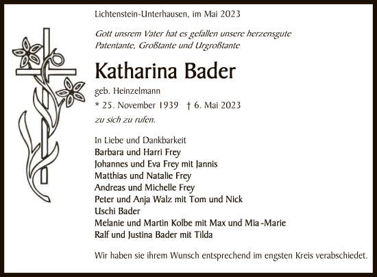 Anzeige von Katharina Bader von Reutlinger General-Anzeiger