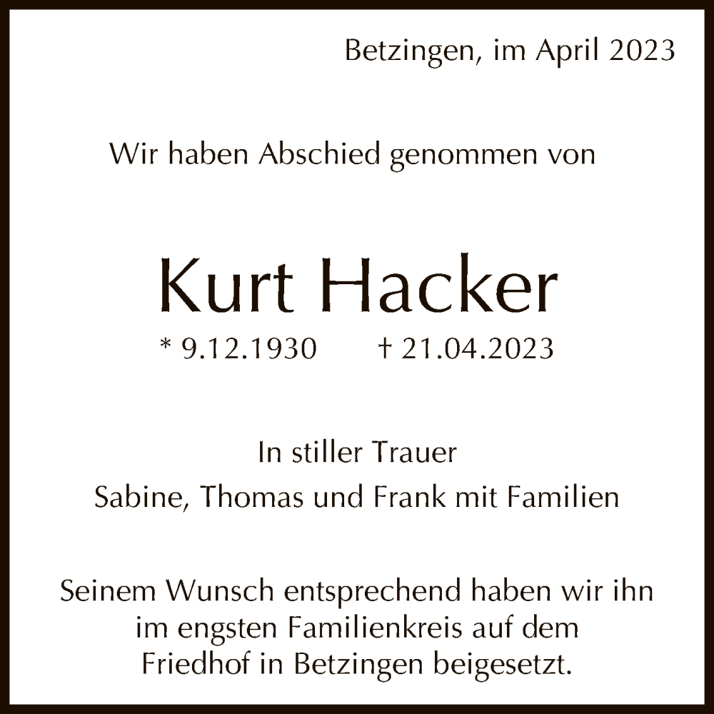 Traueranzeige für Kurt Hacker vom 05.05.2023 aus Reutlinger General-Anzeiger