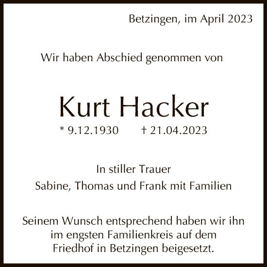 Anzeige von Kurt Hacker von Reutlinger General-Anzeiger