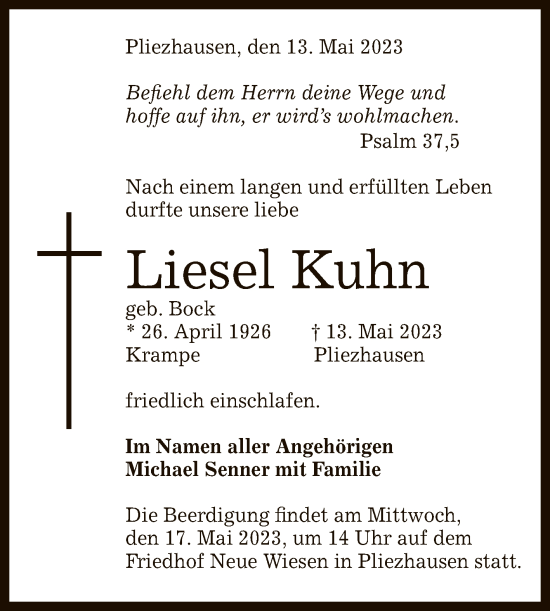 Anzeige von Liesel Kuhn von Reutlinger General-Anzeiger