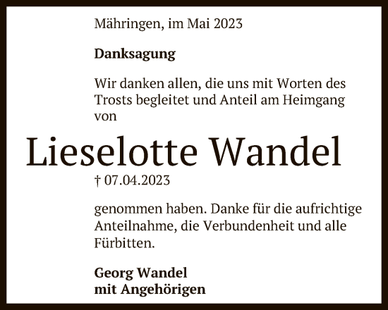 Anzeige von Lieselotte Wandel von Reutlinger General-Anzeiger