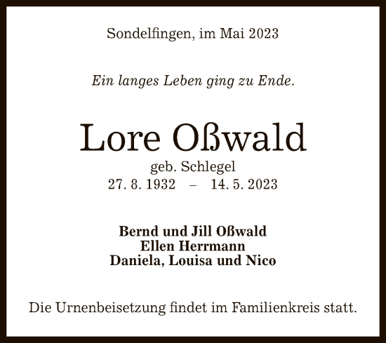 Anzeige von Lore Oßwald von Reutlinger General-Anzeiger