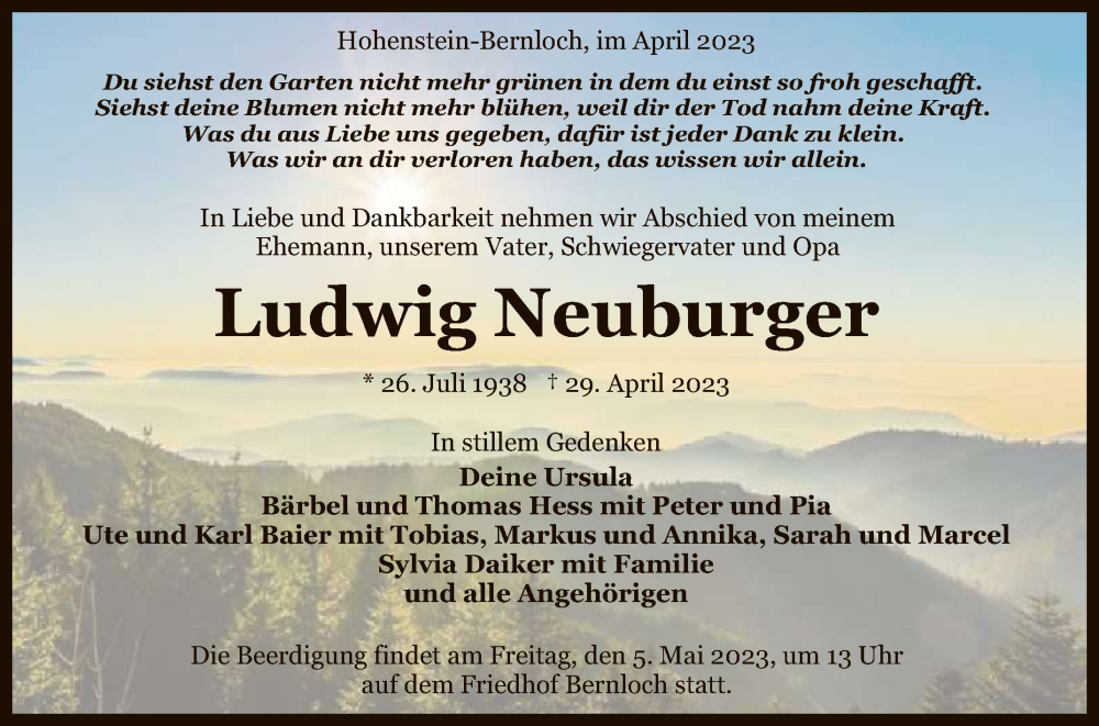  Traueranzeige für Ludwig Neuburger vom 03.05.2023 aus Reutlinger General-Anzeiger