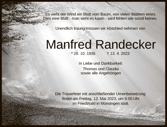 Anzeige von Manffred Randecker von Reutlinger General-Anzeiger