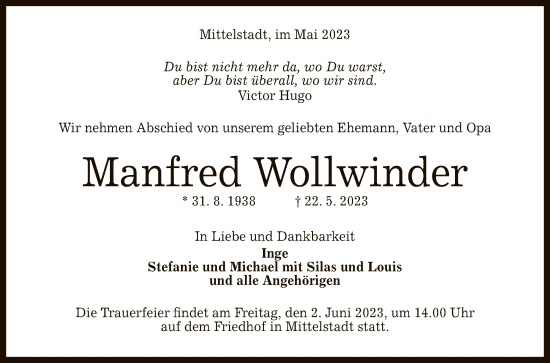 Anzeige von Manfred Wollwinder von Reutlinger General-Anzeiger