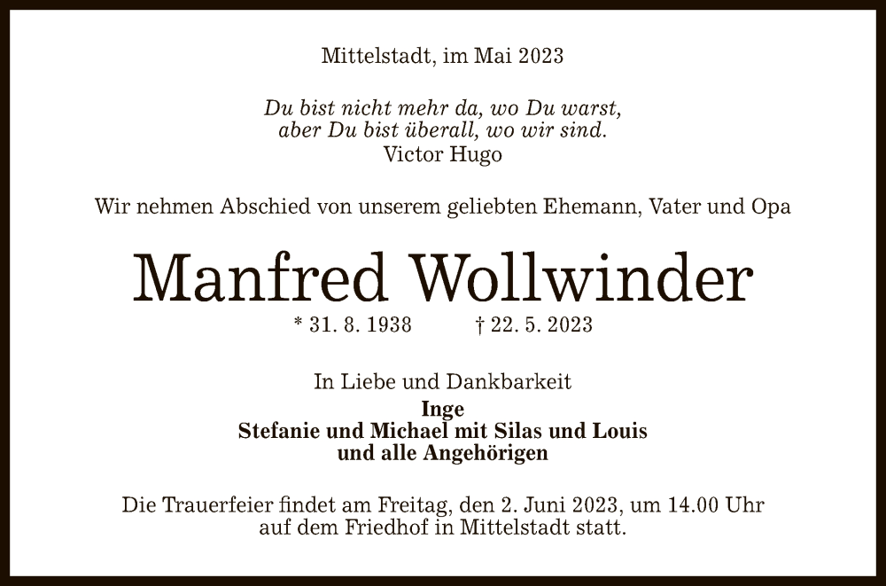  Traueranzeige für Manfred Wollwinder vom 27.05.2023 aus Reutlinger General-Anzeiger