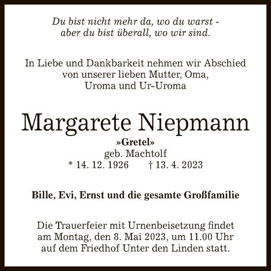 Anzeige von Margarete Niepmann von Reutlinger General-Anzeiger