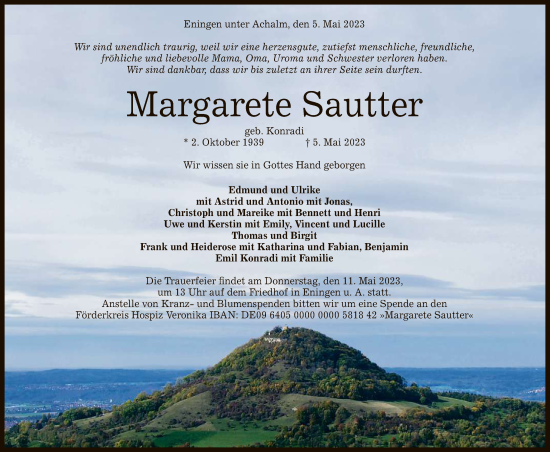 Anzeige von Margarete Sautter von Reutlinger General-Anzeiger