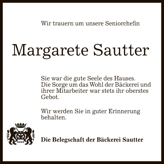 Anzeige von Margarete Sautter von Reutlinger General-Anzeiger