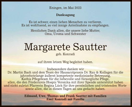 Anzeige von Margarete Sautter von Reutlinger General-Anzeiger