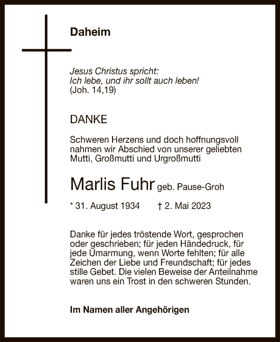 Anzeige von Marlis Fuhr von Reutlinger General-Anzeiger