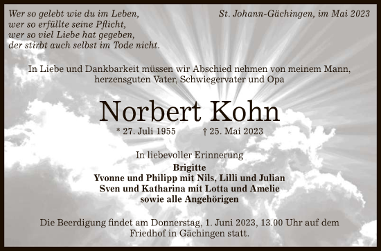 Anzeige von Norbert Kohn von Reutlinger General-Anzeiger