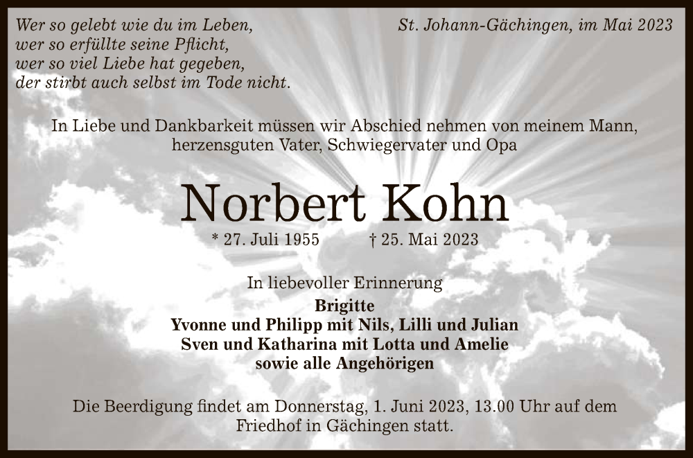  Traueranzeige für Norbert Kohn vom 30.05.2023 aus Reutlinger General-Anzeiger