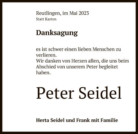Anzeige von Peter Seidel von Reutlinger General-Anzeiger