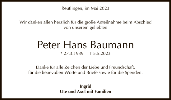 Anzeige von Peter Hans Baumann von Reutlinger General-Anzeiger