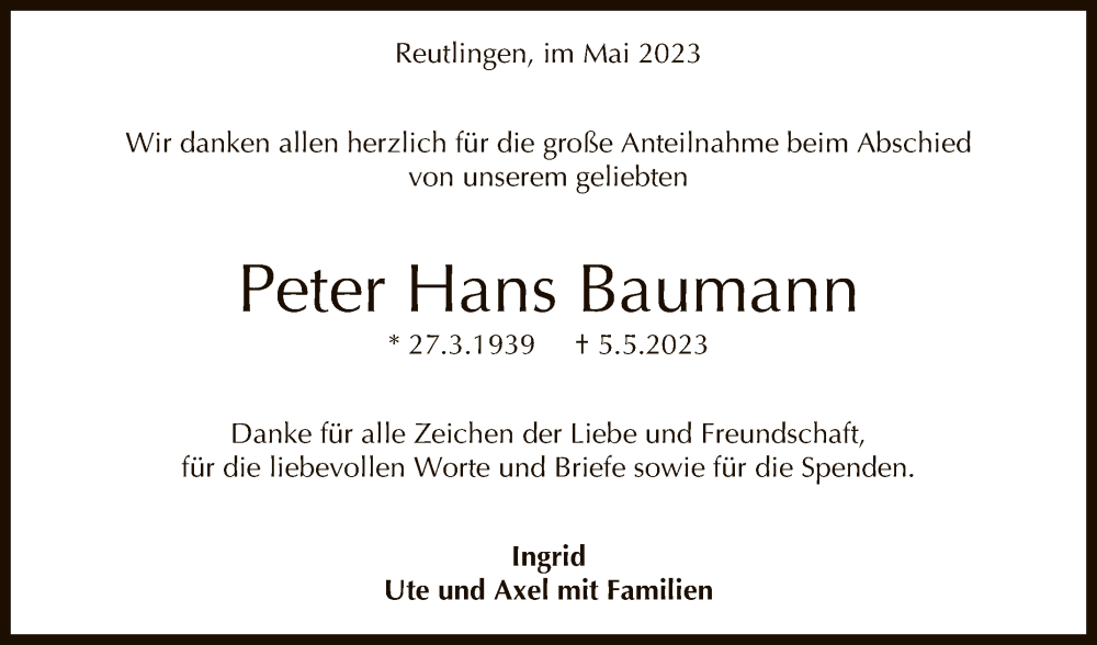  Traueranzeige für Peter Hans Baumann vom 27.05.2023 aus Reutlinger General-Anzeiger