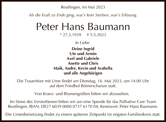 Anzeige von Peter Hans Baumann von Reutlinger General-Anzeiger