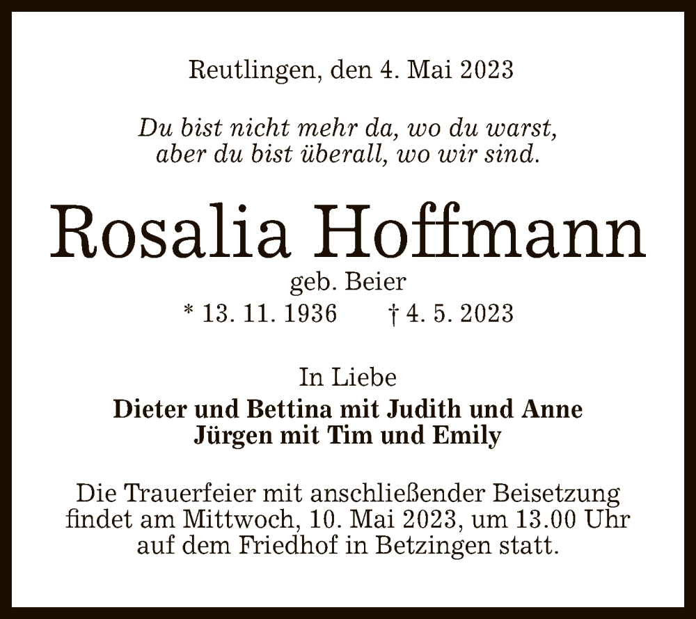  Traueranzeige für Rosalia Hoffmann vom 09.05.2023 aus Reutlinger General-Anzeiger