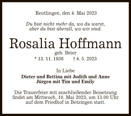 Anzeige von Rosalia Hoffmann von Reutlinger General-Anzeiger