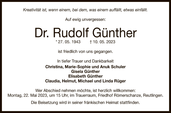 Anzeige von Rudolf Günther von Reutlinger General-Anzeiger