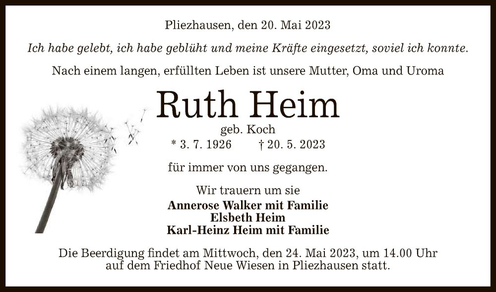  Traueranzeige für Ruth Heim vom 23.05.2023 aus Reutlinger General-Anzeiger