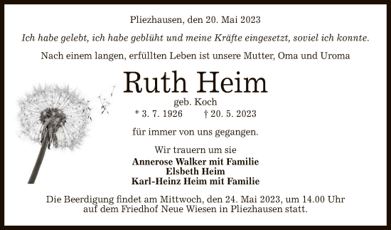 Anzeige von Ruth Heim von Reutlinger General-Anzeiger