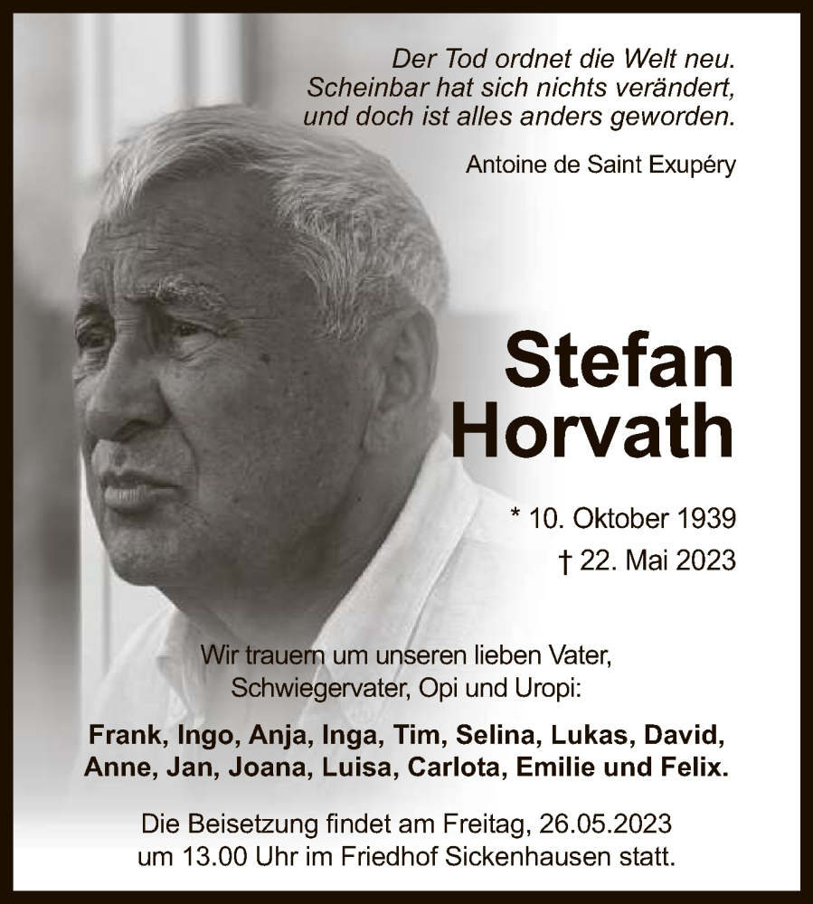  Traueranzeige für Stefan Horvath vom 24.05.2023 aus Reutlinger General-Anzeiger