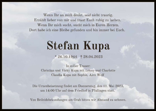 Anzeige von Stefan Kupa von Reutlinger General-Anzeiger