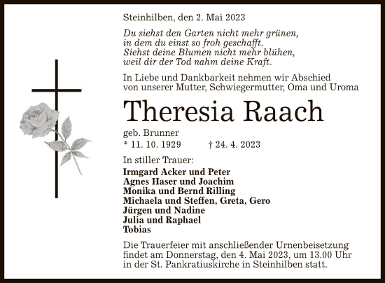 Anzeige von Theresia Raach von Reutlinger General-Anzeiger